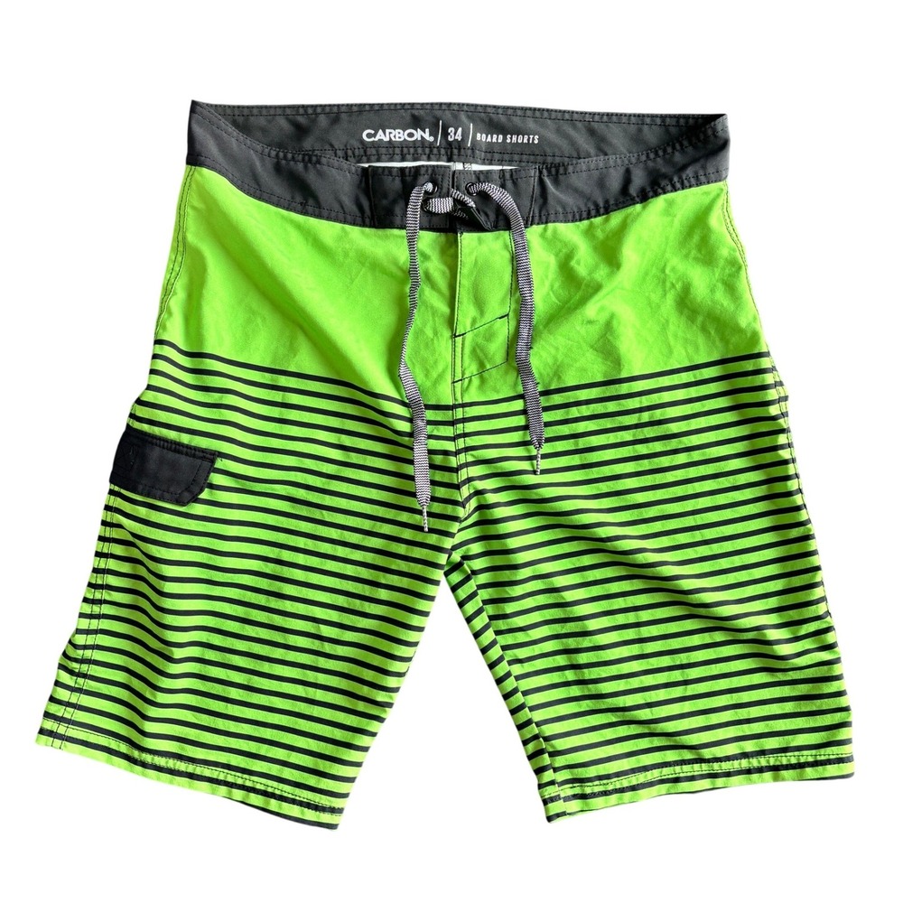 Carbon Mens Neon Green Black Striped Board Shorts Swim Trunks Size 34